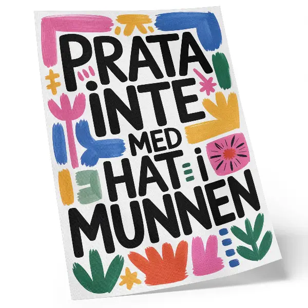 Kunstdruck auf Leinwand mit schwarzen Buchstaben und bunten Strichen im modernen Stil