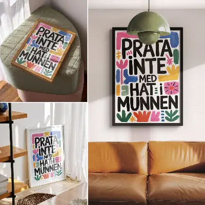 Kunstdruck auf Leinwand mit schwarzen Buchstaben und bunten Strichen im modernen Stil