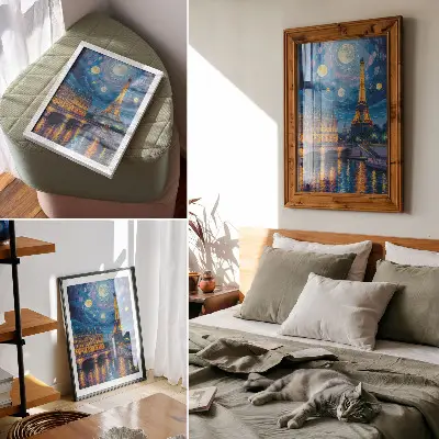 Poster mit dem Eiffelturm in Paris bei Vollmond in der Nacht