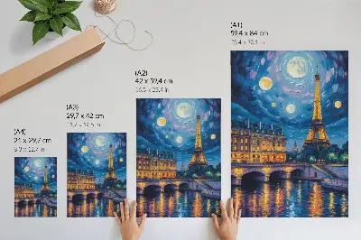 Poster mit dem Eiffelturm in Paris bei Vollmond in der Nacht