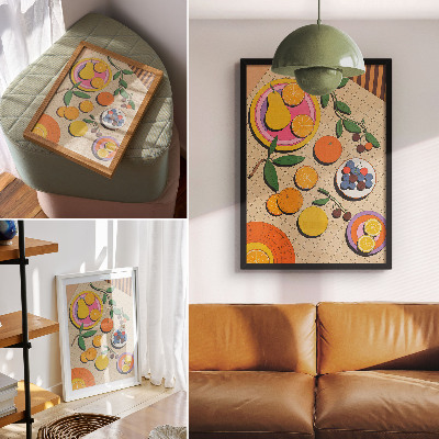Kunstdruck leinwand Eine dynamische Komposition aus Früchten auf geometrischem Hintergrund
