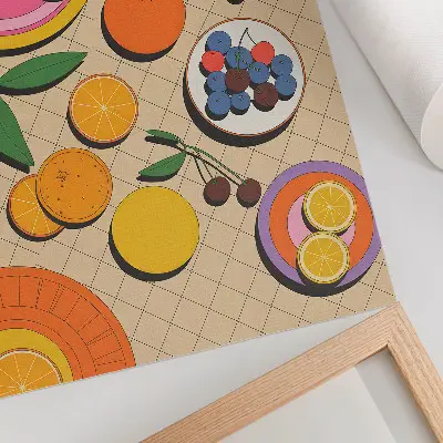 Leinwand Kunstdruck dynamische Komposition aus Früchten auf geometrischem Hintergrund