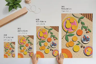 Leinwand Kunstdruck dynamische Komposition aus Früchten auf geometrischem Hintergrund