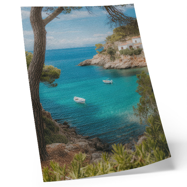 Poster Eine Bucht mit Booten und einem Haus in einer malerischen Landschaft