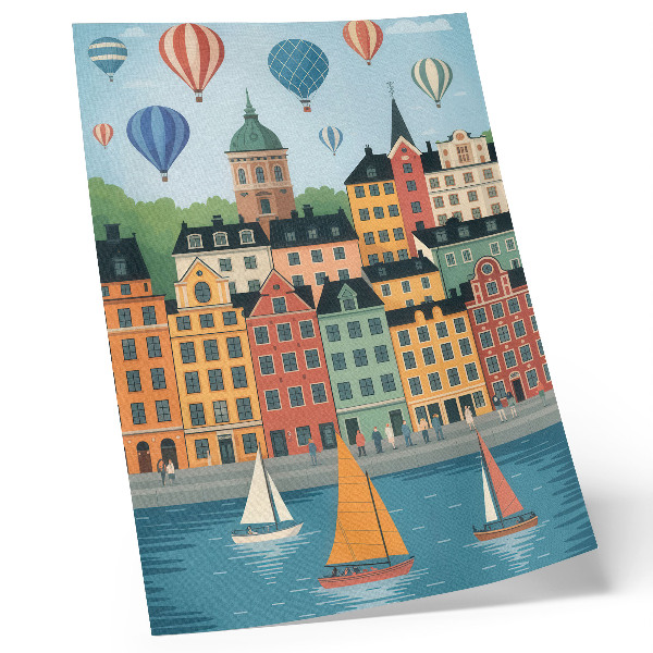 Wandposter Mietskasernen, Ballons, Segelboote, farbenfrohe Atmosphäre