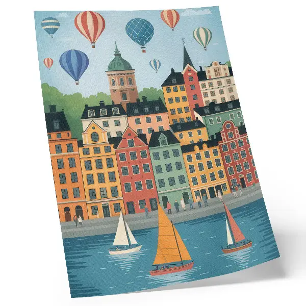 Wandposter mit Mietskasernen, Ballons und Segelbooten in einer farbenfrohen Atmosphäre