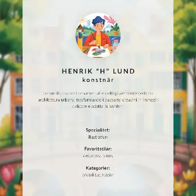 Wandposter mit Mietskasernen, Ballons und Segelbooten in einer farbenfrohen Atmosphäre