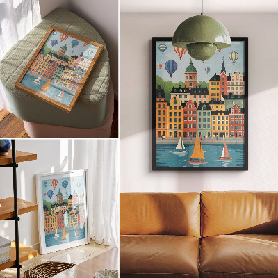 Wandposter Mietskasernen, Ballons, Segelboote, farbenfrohe Atmosphäre