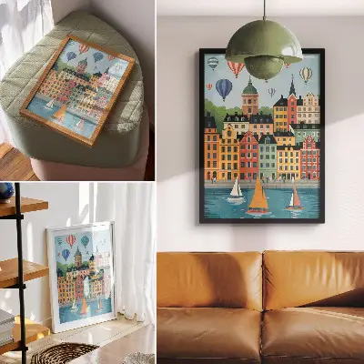 Wandposter mit Mietskasernen, Ballons und Segelbooten in einer farbenfrohen Atmosphäre
