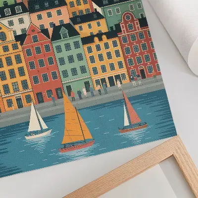 Wandposter mit Mietskasernen, Ballons und Segelbooten in einer farbenfrohen Atmosphäre