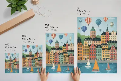 Wandposter mit Mietskasernen, Ballons und Segelbooten in einer farbenfrohen Atmosphäre