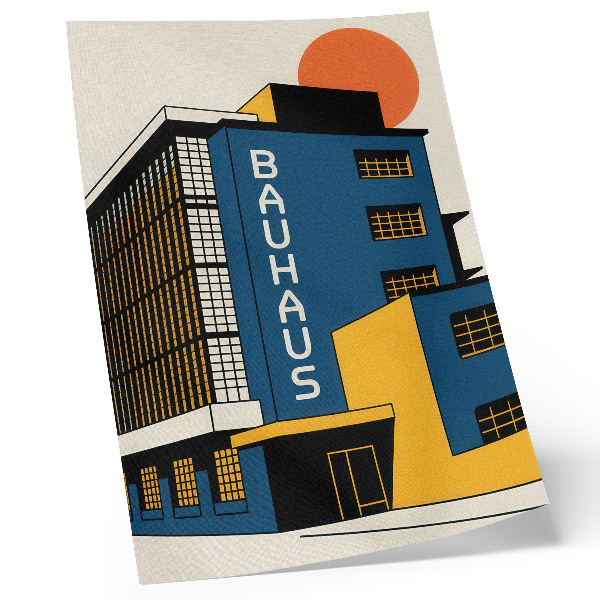 Kunstdruck leinwand Marineblaues Bauhaus-Gebäude mit gelben Akzenten und Modernität