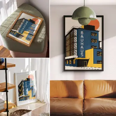 Kunstdruck auf Leinwand marineblaues Bauhaus-Gebäude mit gelben Akzenten im modernen Stil
