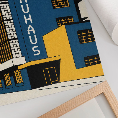 Kunstdruck leinwand Marineblaues Bauhaus-Gebäude mit gelben Akzenten und Modernität