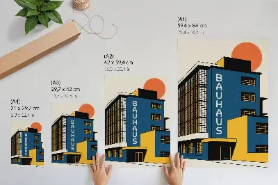 Kunstdruck auf Leinwand marineblaues Bauhaus-Gebäude mit gelben Akzenten im modernen Stil
