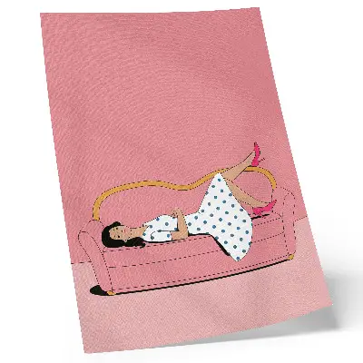 Wandposter friedliche Entspannungsszene mit einer Frau auf einem rosa Sofa