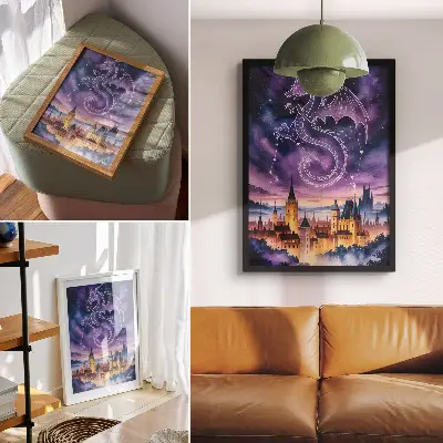 Kunstdruck auf Leinwand mit Motiv Fantasiewelt, Drachenschloss, Himmel, Sterne und Weltraum