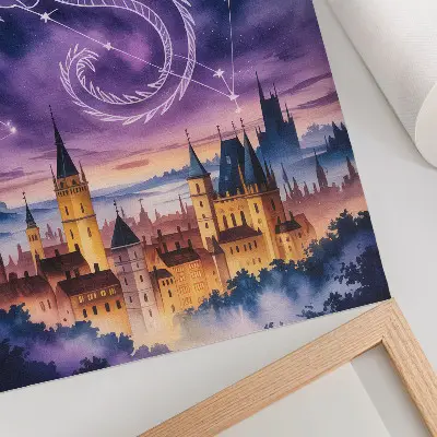 Kunstdruck auf Leinwand mit Motiv Fantasiewelt, Drachenschloss, Himmel, Sterne und Weltraum