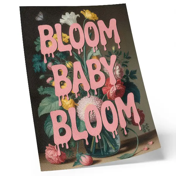 Wandposter Blumenmotiv mit rosa Schriftzug für positive Energie