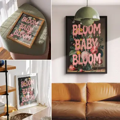 Wandposter Blumenmotiv mit rosa Schriftzug für positive Energie