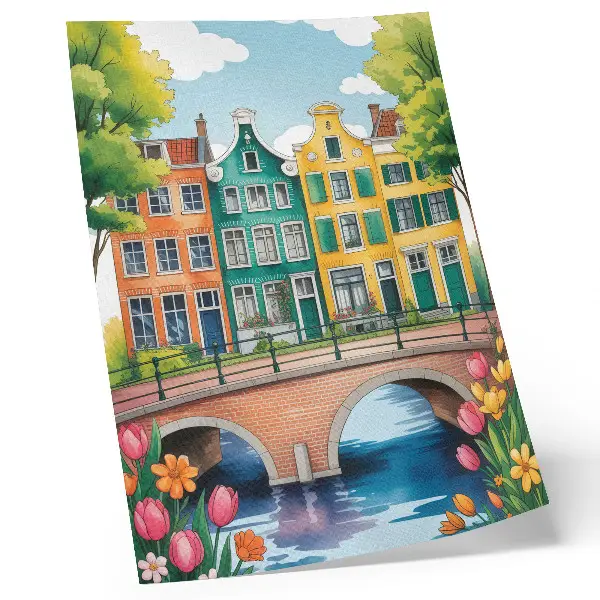Kunstdruck auf Leinwand bunte Mietshäuser am Kanal im illustrativen Stil