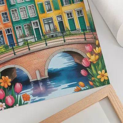 Kunstdruck auf Leinwand bunte Mietshäuser am Kanal im illustrativen Stil