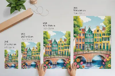 Kunstdruck auf Leinwand bunte Mietshäuser am Kanal im illustrativen Stil