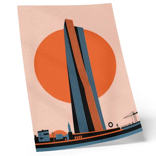 Wandposter Wolkenkratzer vor kreisförmigem Hintergrund im minimalistischen Kontraststil