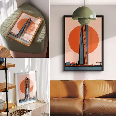 Wandposter Wolkenkratzer vor kreisförmigem Hintergrund im minimalistischen Kontraststil