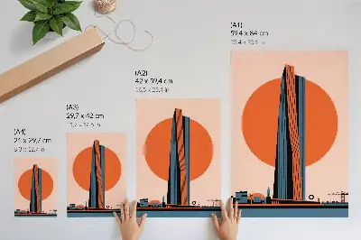 Wandposter Wolkenkratzer vor kreisförmigem Hintergrund im minimalistischen Kontraststil