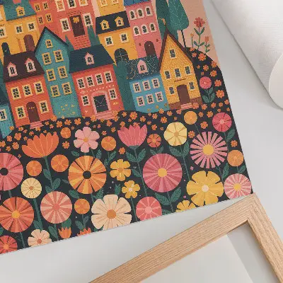 Kunstdruck auf Leinwand mit bunten Häusern und Blumen in idyllischer Atmosphäre
