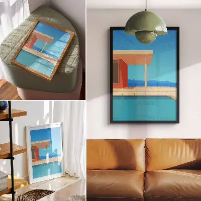 Wandposter das leuchtend orangefarbene Gebäude mit blauem Ausblick