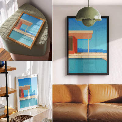 Wandposter Das leuchtend orangefarbene Gebäude und die blaue Aussicht
