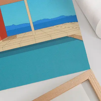 Wandposter das leuchtend orangefarbene Gebäude mit blauem Ausblick