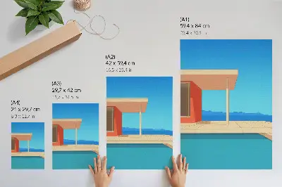 Wandposter das leuchtend orangefarbene Gebäude mit blauem Ausblick