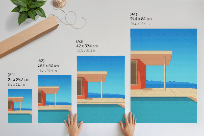 Wandposter Das leuchtend orangefarbene Gebäude und die blaue Aussicht