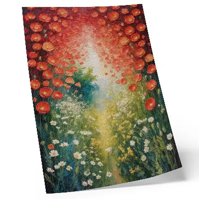 Poster rote Blüten mit grünen Akzenten vor dreidimensionalem Hintergrund