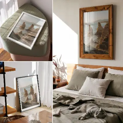 Wandposter Felsenklippen bei Sonnenuntergang am Meer