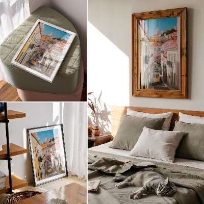 Kunstdruck leinwand Eine Straße mit einer Straßenbahn, pastellfarbenen Mietshäusern und Blumen