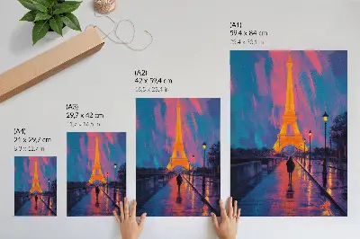 Wandposter Abend in der Stadt mit Neonlichtern im Regen im modernen Stil