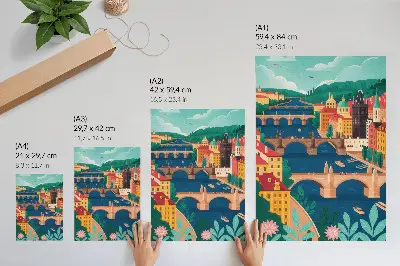 Poster mit einer farbenfrohen Stadt mit Brücken, Natur und Himmel