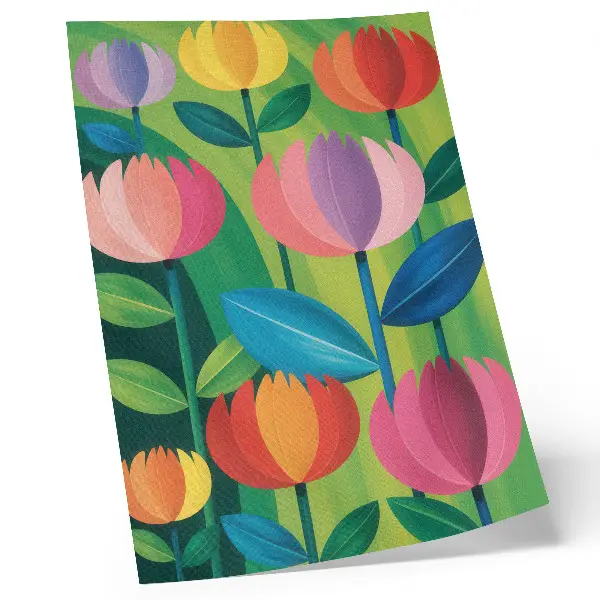 Wandposter mit bunten geometrischen Blumen und Blättern auf grünem Hintergrund
