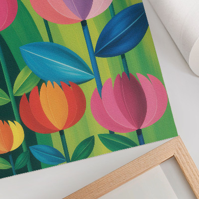 Wandposter Bunte geometrische Blumen und Blätter auf grünem Hintergrund
