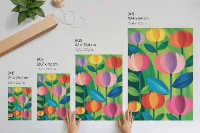 Wandposter mit bunten geometrischen Blumen und Blättern auf grünem Hintergrund