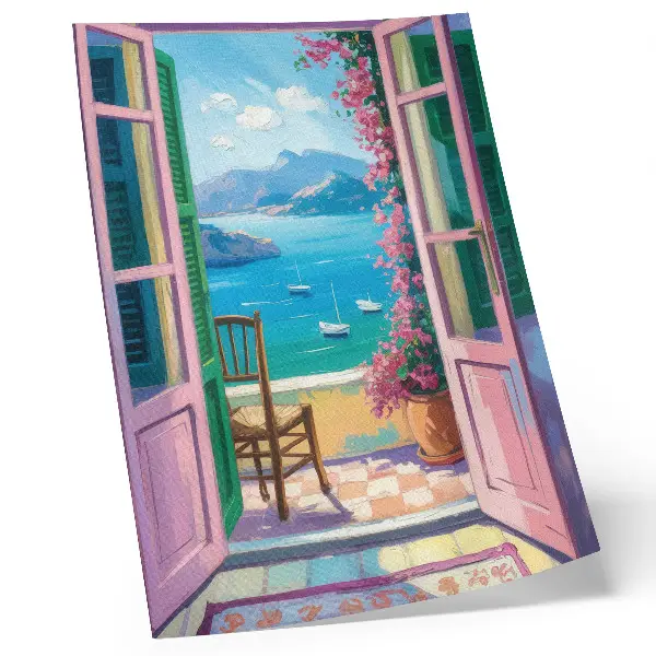 Kunstdruck auf Leinwand offene Tür mit leuchtenden Blumen und meerblauen Segelbooten