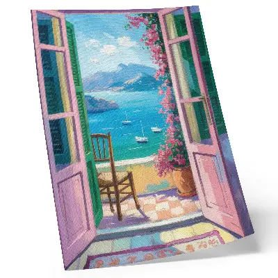 Kunstdruck auf Leinwand offene Tür mit leuchtenden Blumen und meerblauen Segelbooten