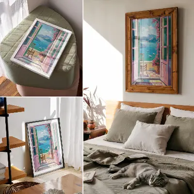Kunstdruck auf Leinwand offene Tür mit leuchtenden Blumen und meerblauen Segelbooten