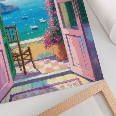 Kunstdruck leinwand Offene Tür, leuchtende Blumen, meerblaue Segelboote