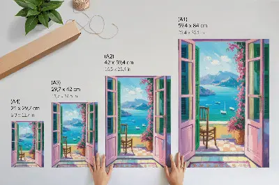 Kunstdruck auf Leinwand offene Tür mit leuchtenden Blumen und meerblauen Segelbooten