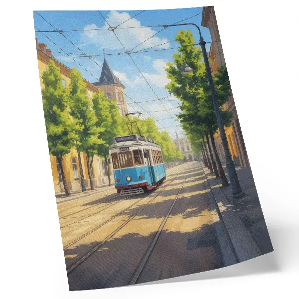 Kunstdruck auf Leinwand Sonnige Straßenbahn in Grün und Blau